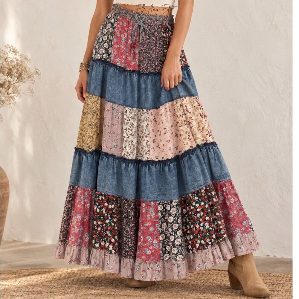 Young Threads Patchwork Denim Floral Boho Maxi Skirt Small NWOT